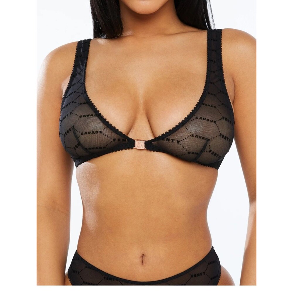 Savage X Fenty Black Sheer Flocked Logo Front-Clasp Bralette nwt